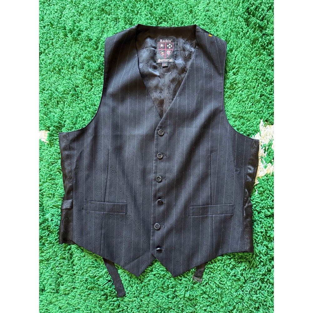 Rockin Sartorial Vest Mens 40R Black Excellent Wool Paisley Pinstripe Waistcoat